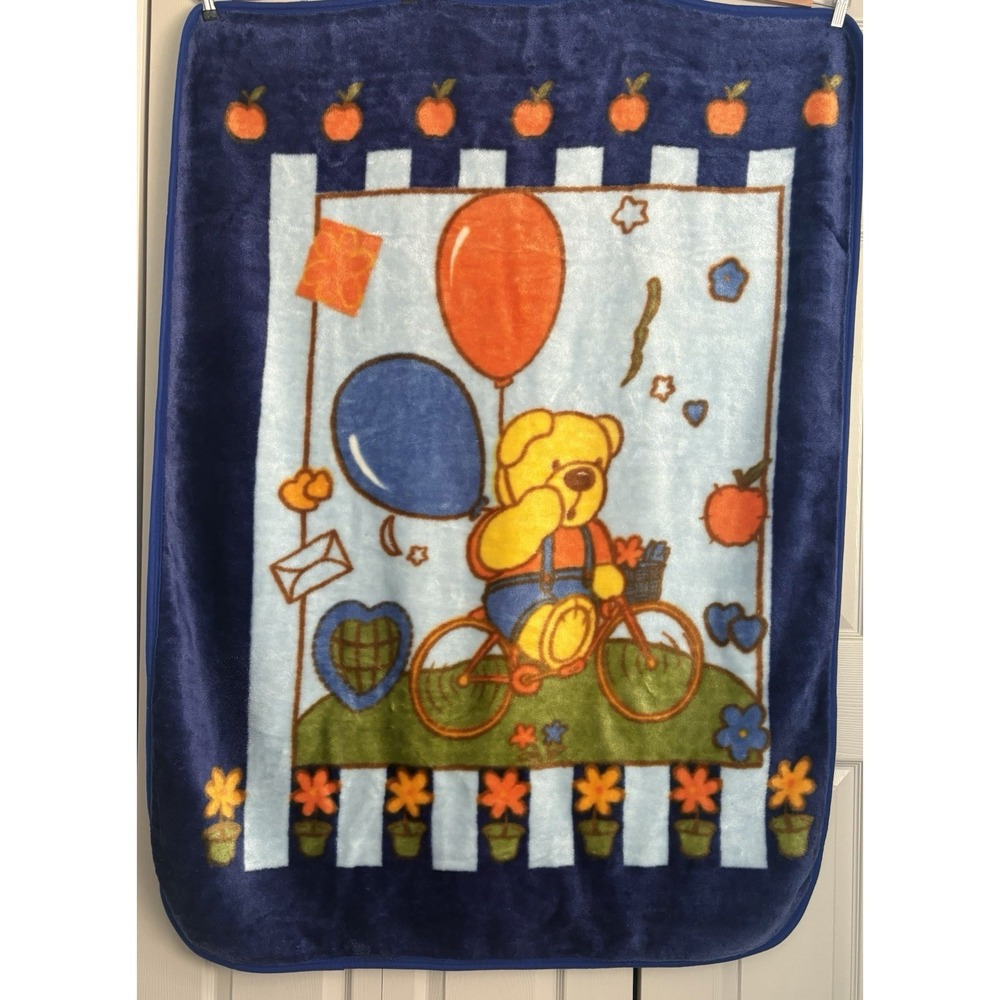 Vintage Baby Blanket‎ Mink Plush Deep Blue Teddy Bear Riding Bicycle 52"x40" - Picture 2 of 10